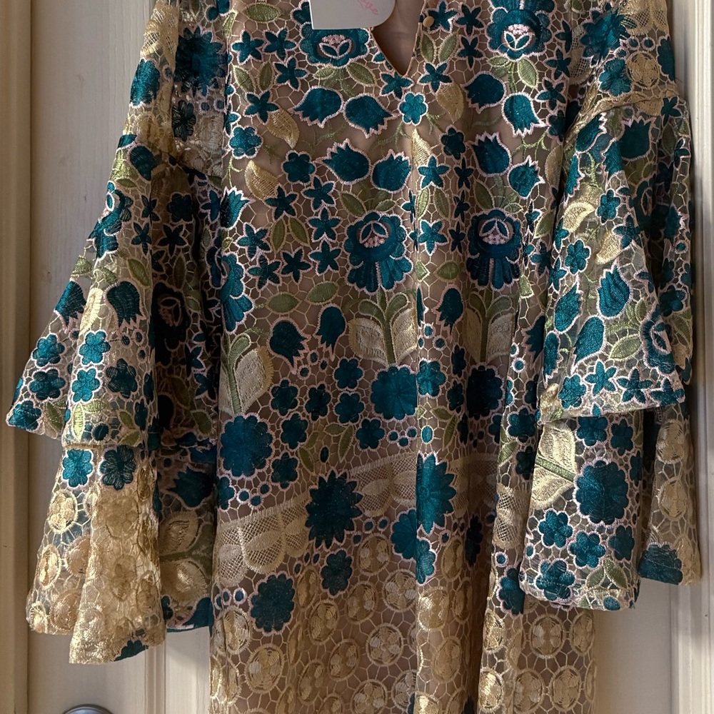 Buddy Love Floral Lace Mini Dress - Gold and Teal